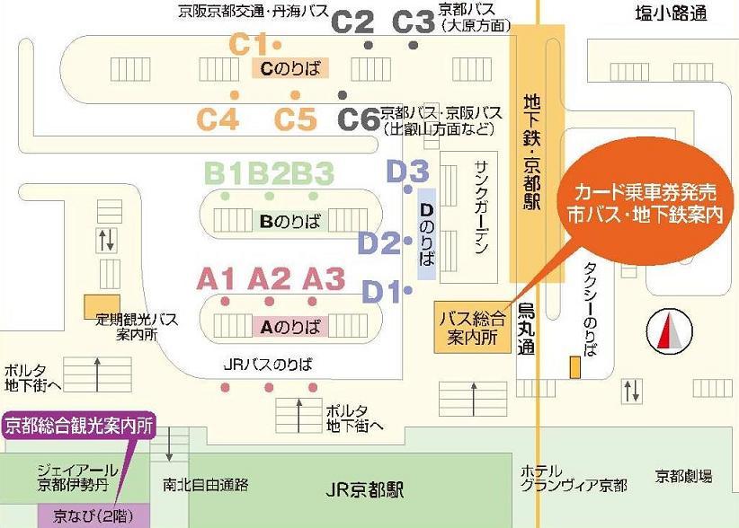 京都車站附近的巴士車站的路線資訊中心位置